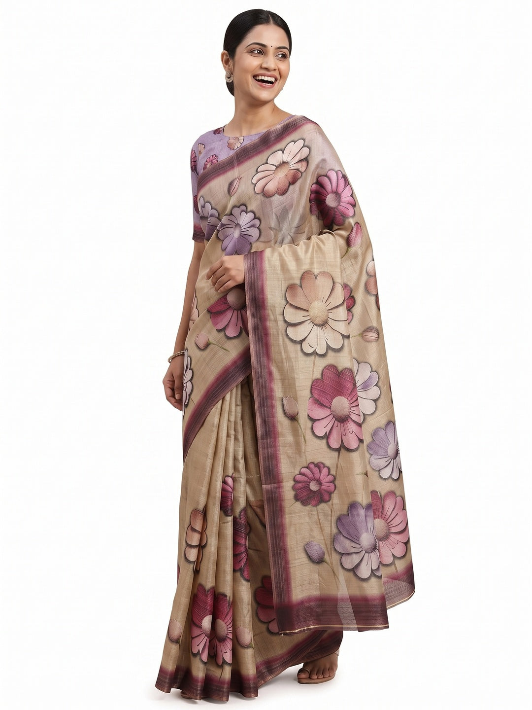 Elegant Chikoo Floral Digital Print Art Silk Saree For Timeless Charm - Image 4
