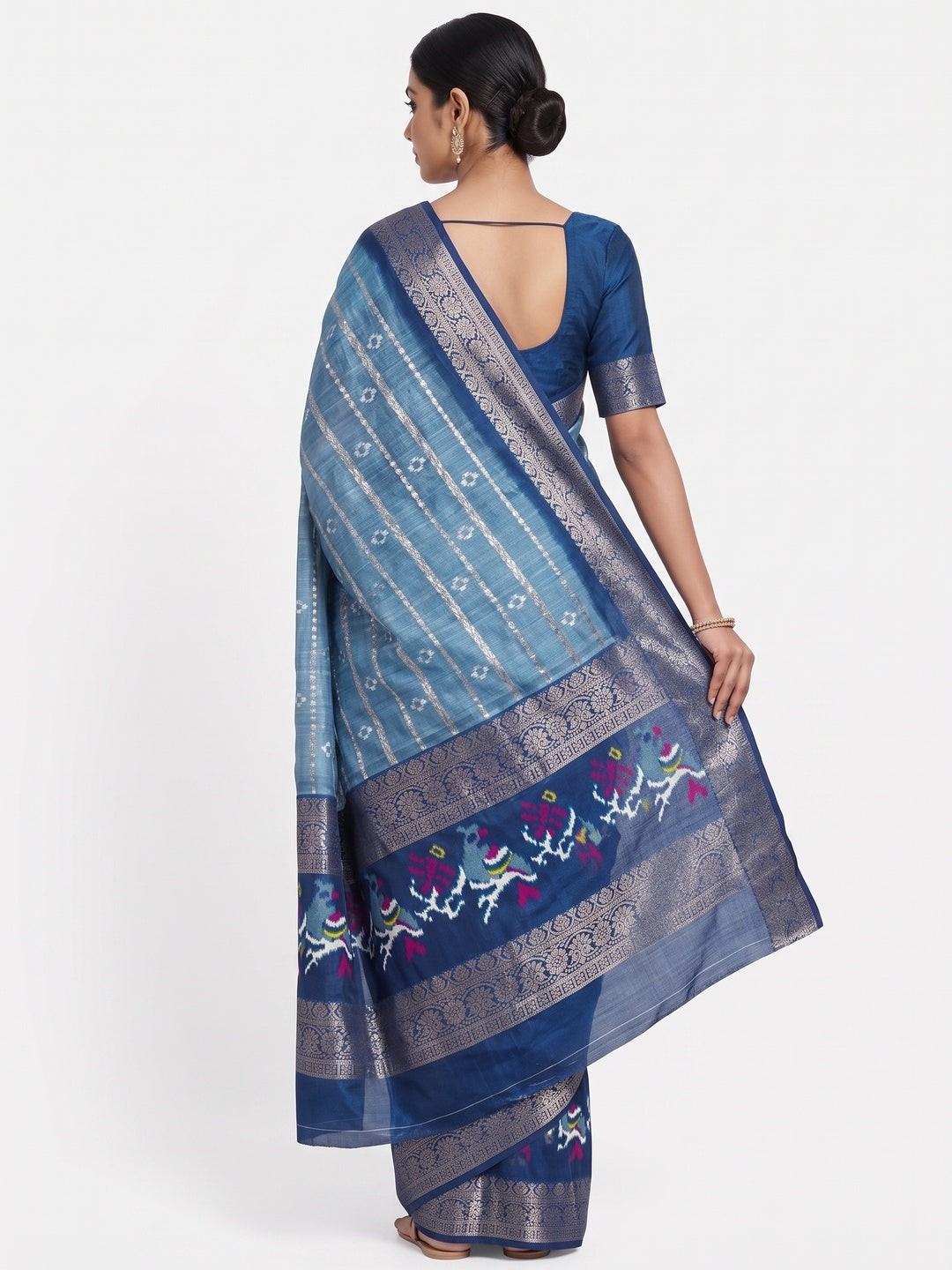 Blue Ikkat Printed Dola Silk Saree With Elegant Weaving Work - Image 2