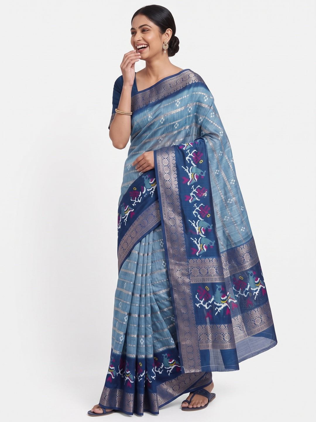 Blue Ikkat Printed Dola Silk Saree With Elegant Weaving Work - Image 4