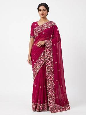Graceful Pink Georgette Saree Featuring Exquisite Floral Thread Embroidery Work - Image 1