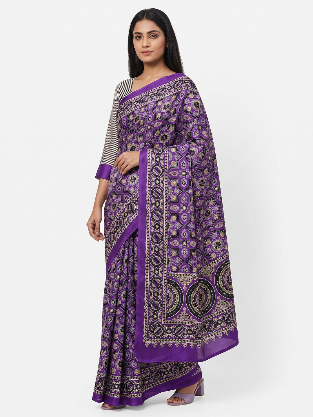 Modern Style Violet Ajrakh Printed Crepe Silk Saree for Elegant Party Occasions - Image 1