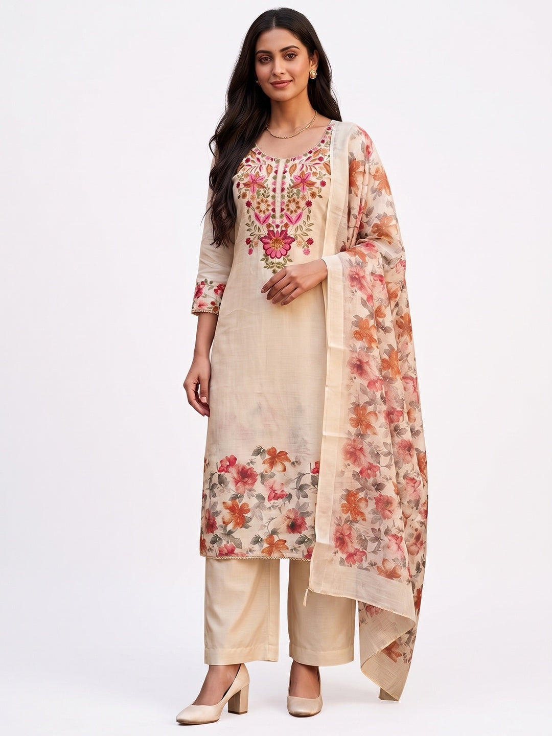 Peachmode Cream Linen Dress Material with Floral Embroidery - Image 2