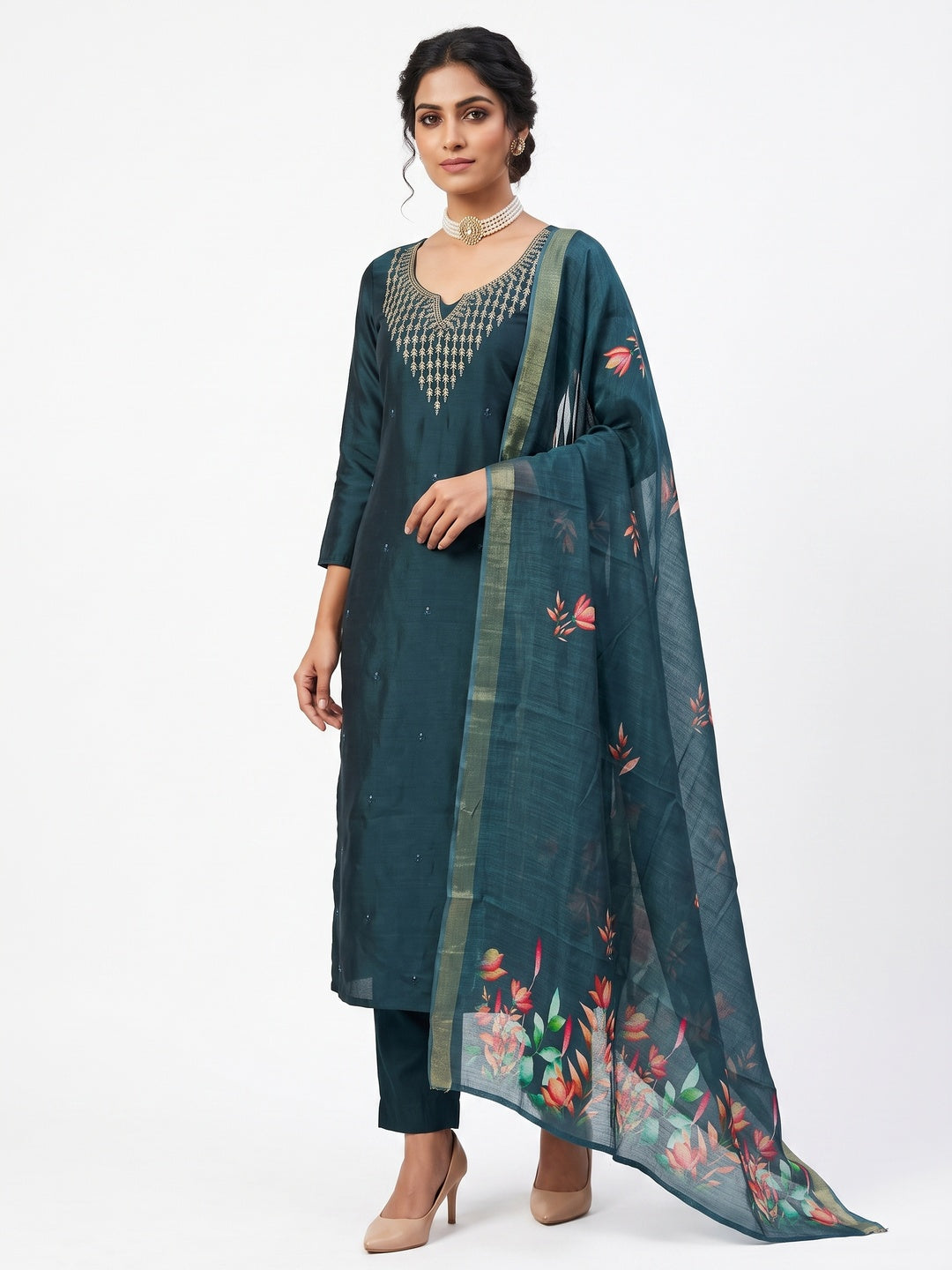 Festive Teal Floral Embroidered Art Silk Dress Material with Fine Thread Work - Image 1