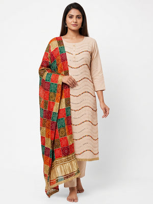 Cream Cotton Blend Dress Material With Intricate Thread Embroidery & Paper Mirror Work - Image 1