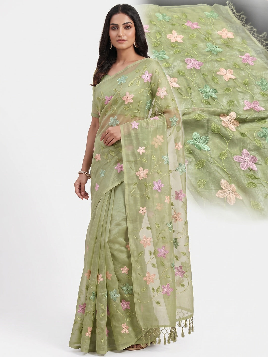 Peachmode Green Crunchy Saree with Floral Embroidery Work - Image 4