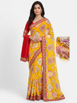 Yellow Bandhani Printed Georgette Saree With Sequins Embroidered Border - Image 1
