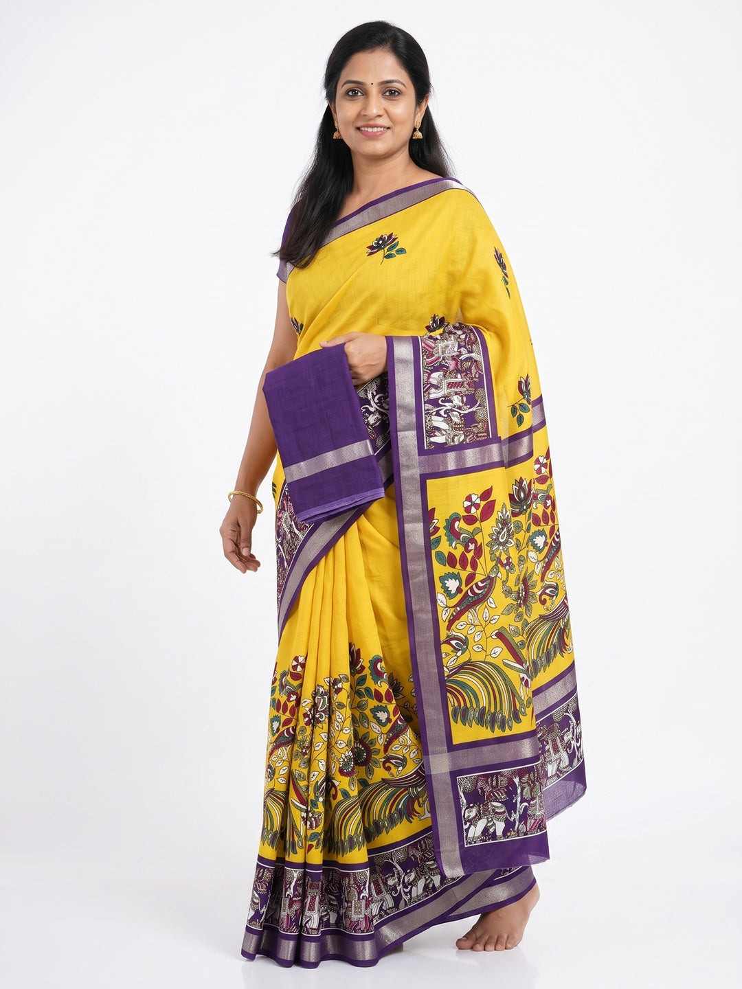 Yellow Kalamkari Printed Pure Mulmul Cotton Saree - Image 2