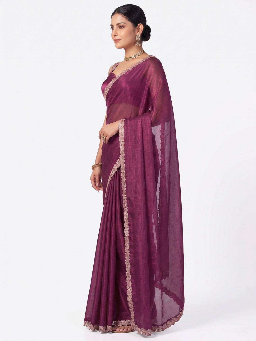 Elegant Magenta Satin Saree with Embellished Border Stylish Evening Wear - Image 3