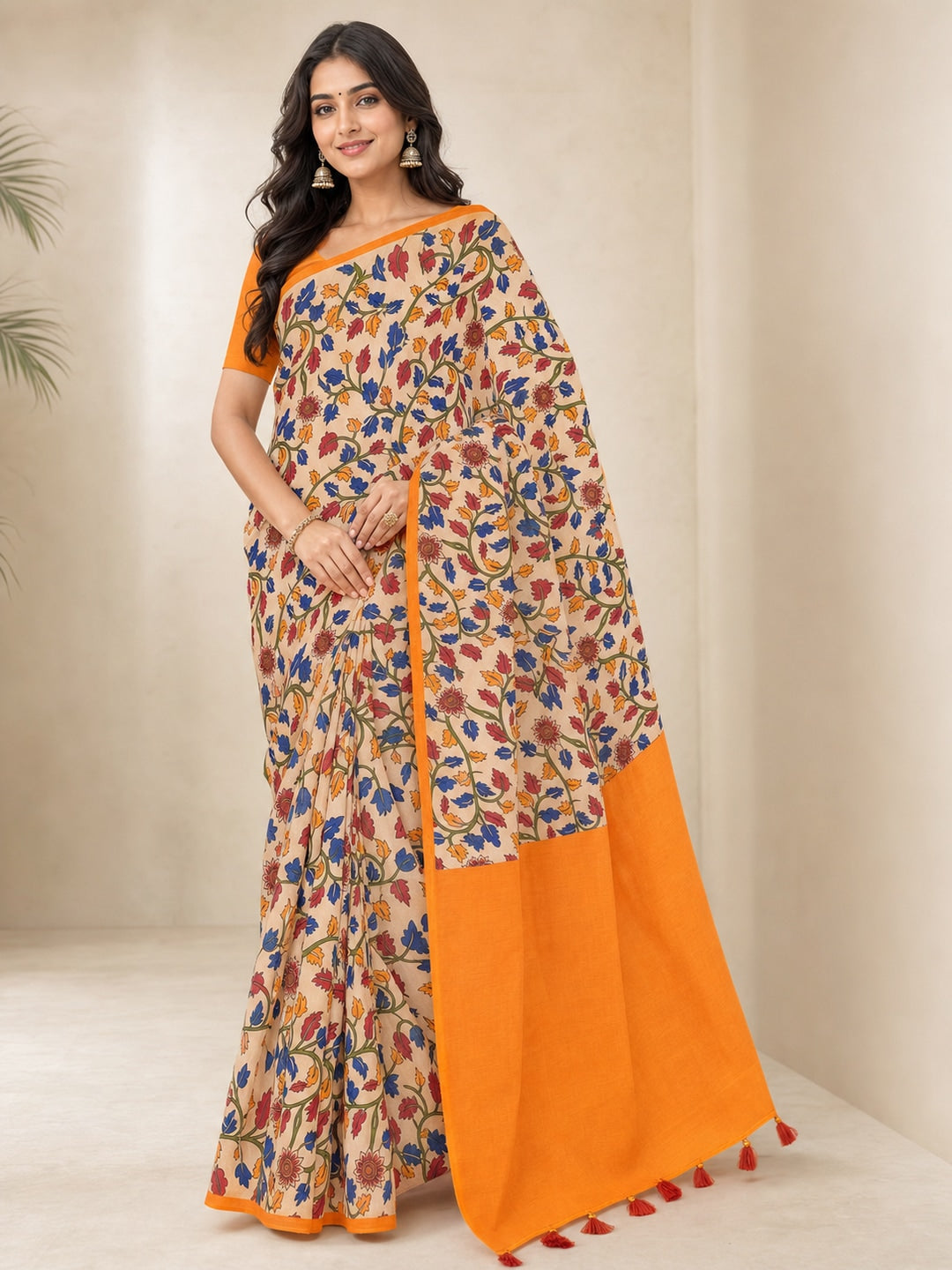 Orange Soft Linen Cotton Printed Saree - Image 1