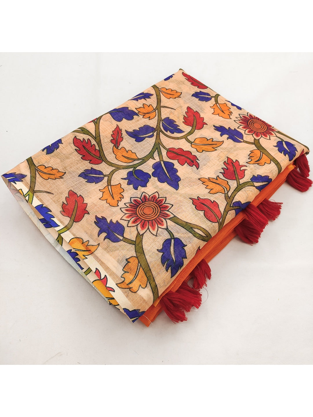 Orange Soft Linen Cotton Printed Saree - Image 2