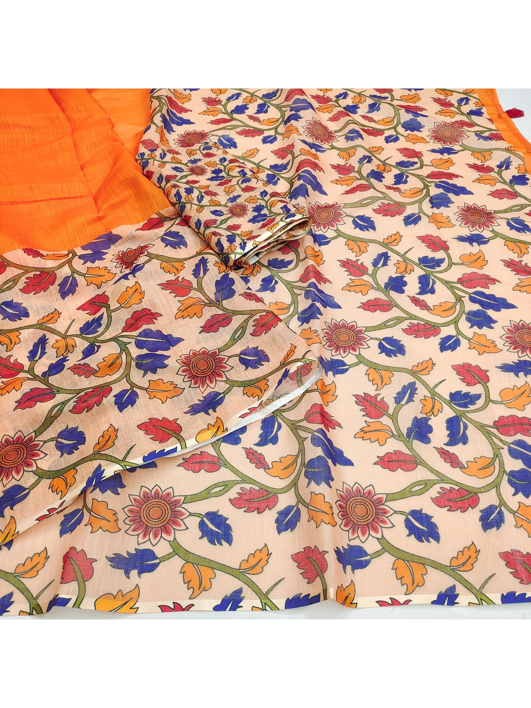 Orange Soft Linen Cotton Printed Saree - Image 3