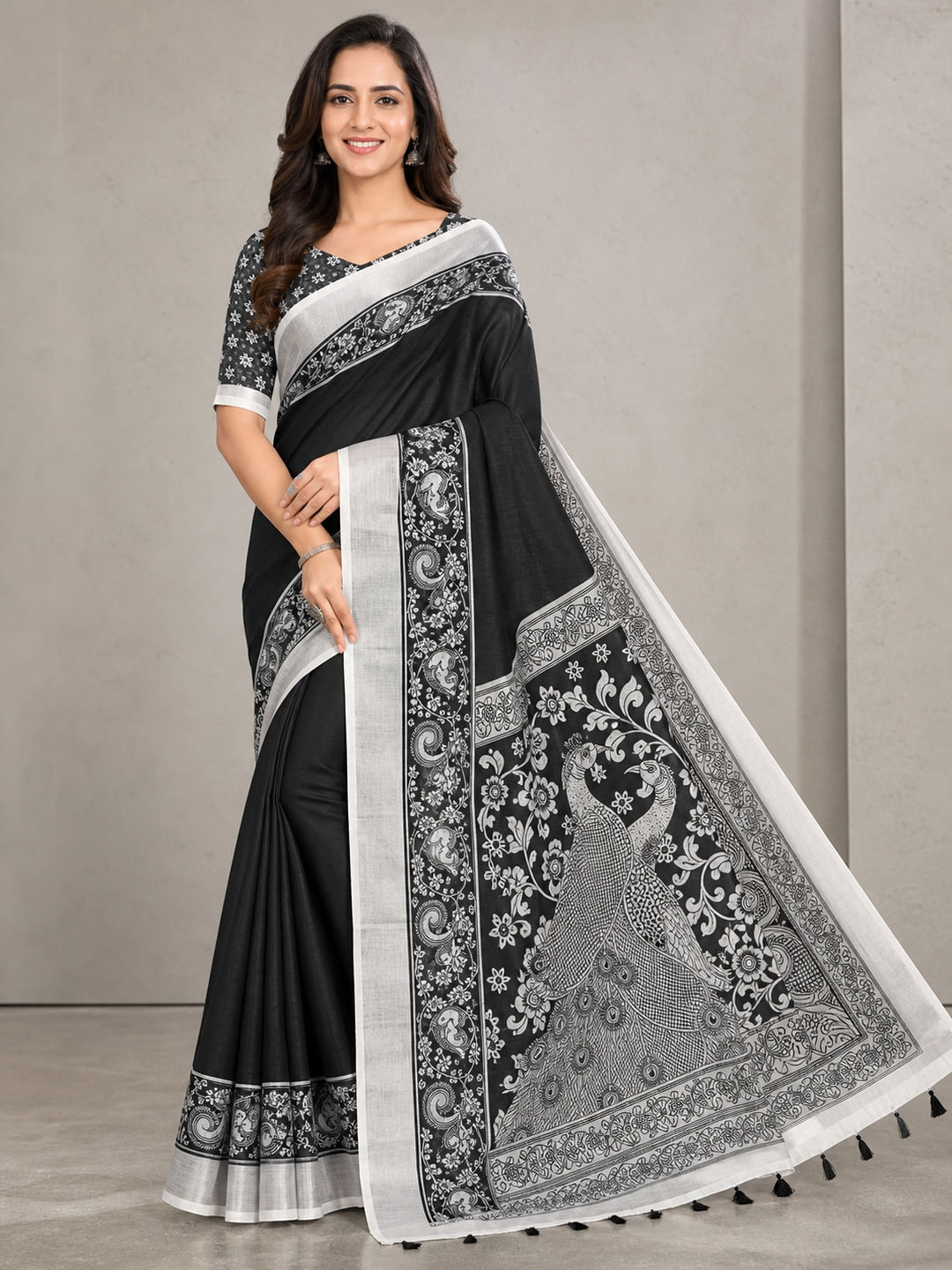 Black Soft Linen Cotton Printed Saree - Image 1