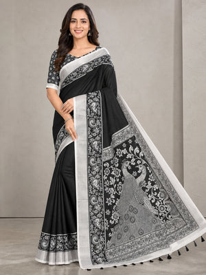 Black Soft Linen Cotton Printed Saree - Image 1