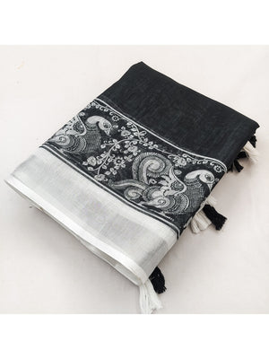 Black Soft Linen Cotton Printed Saree - Image 2