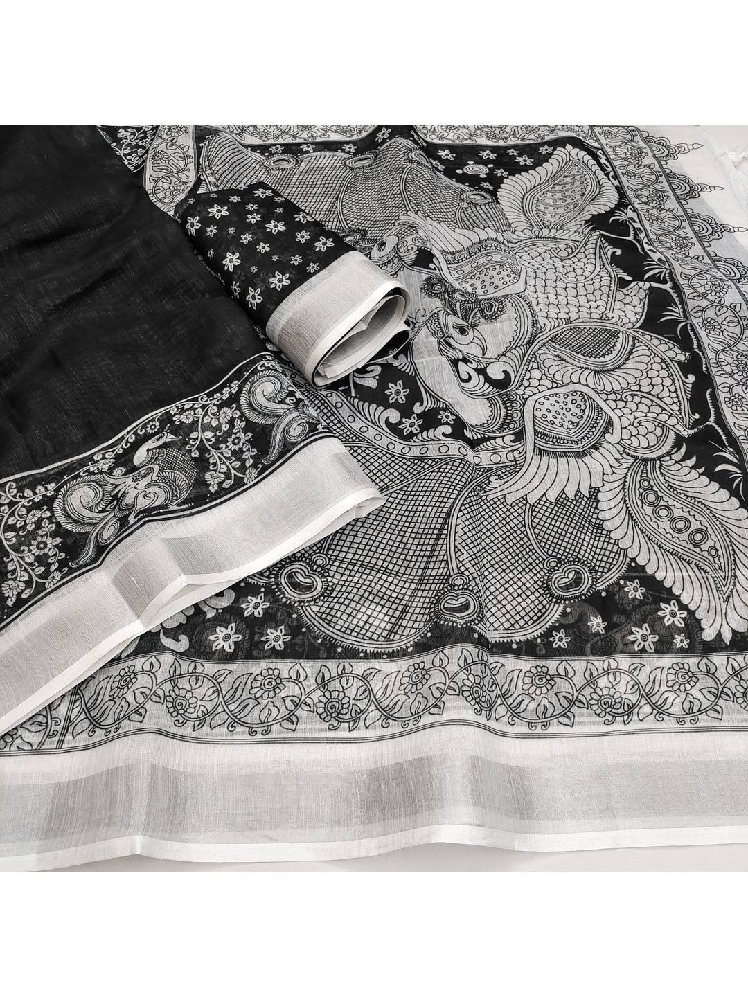 Black Soft Linen Cotton Printed Saree - Image 3