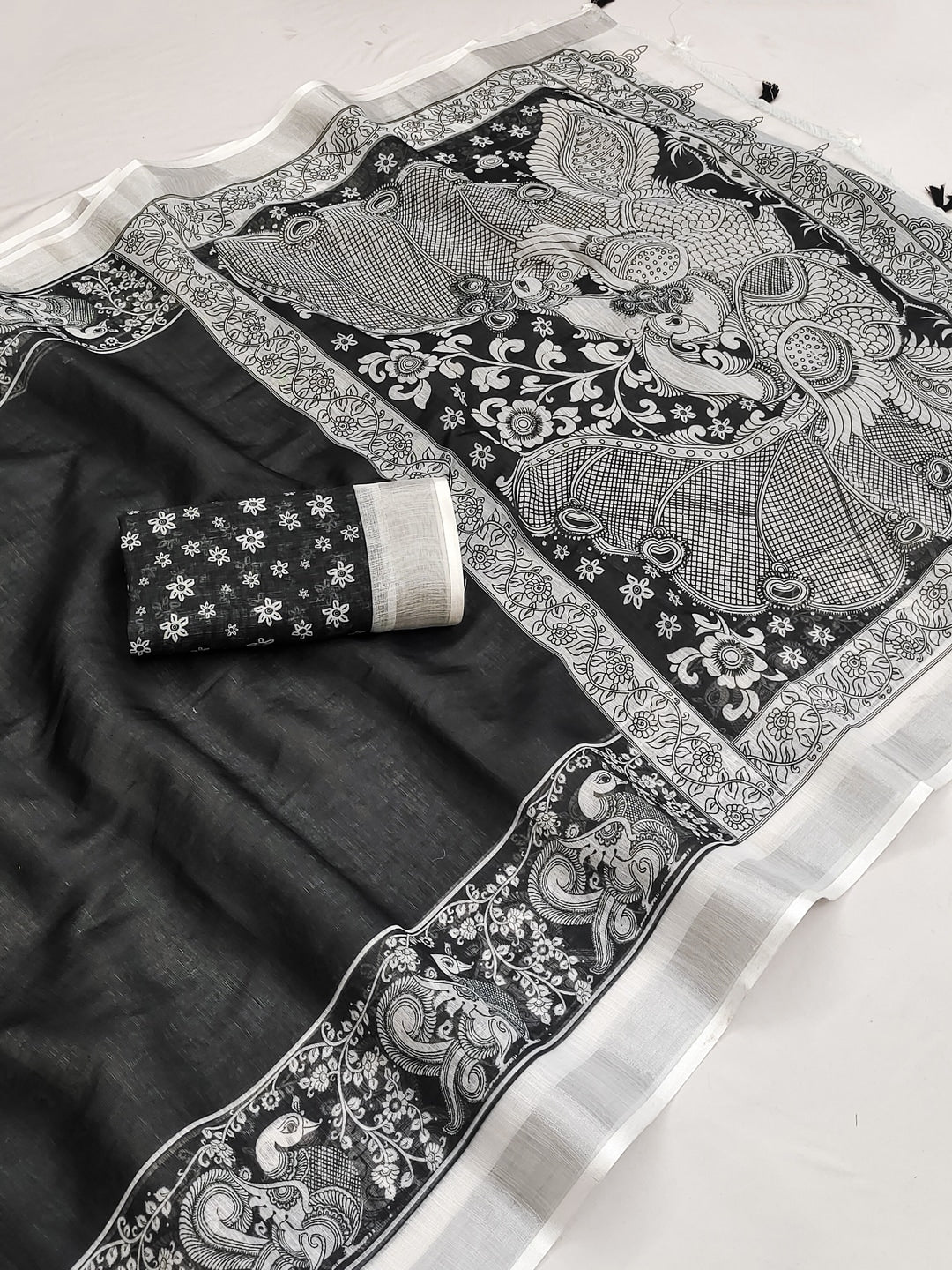 Black Soft Linen Cotton Printed Saree - Image 4