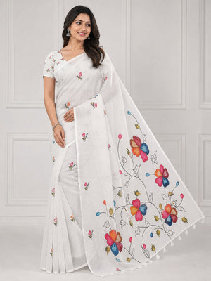 White Soft Linen Cotton Printed Saree - Image 1
