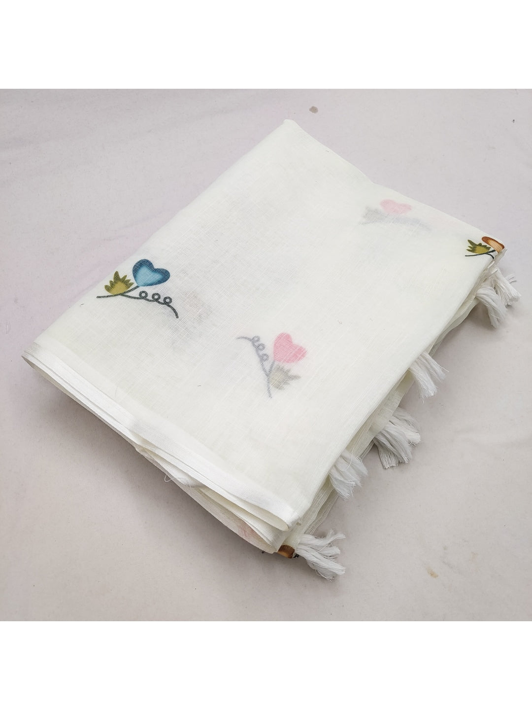 White Soft Linen Cotton Printed Saree - Image 2