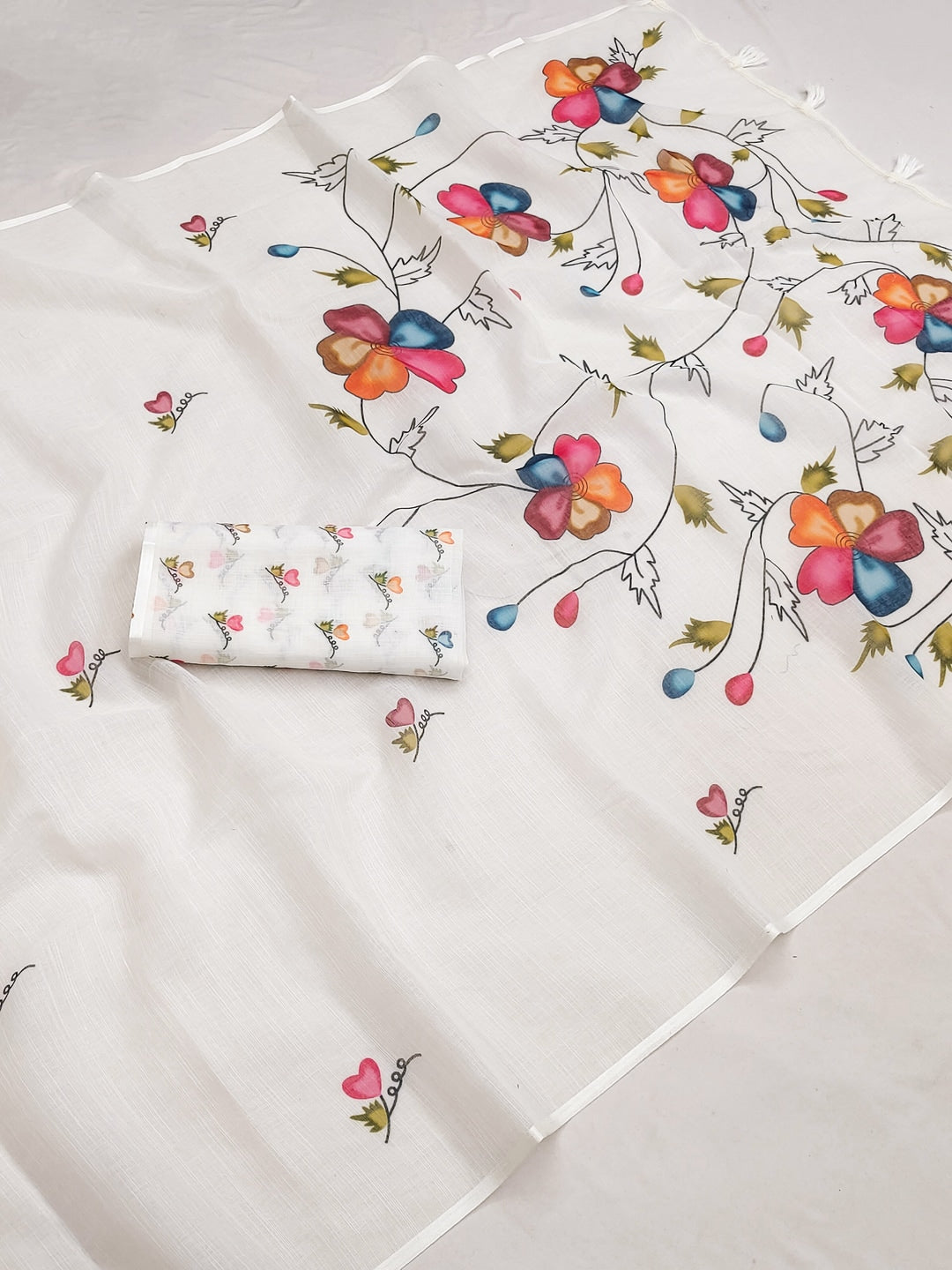 White Soft Linen Cotton Printed Saree - Image 4