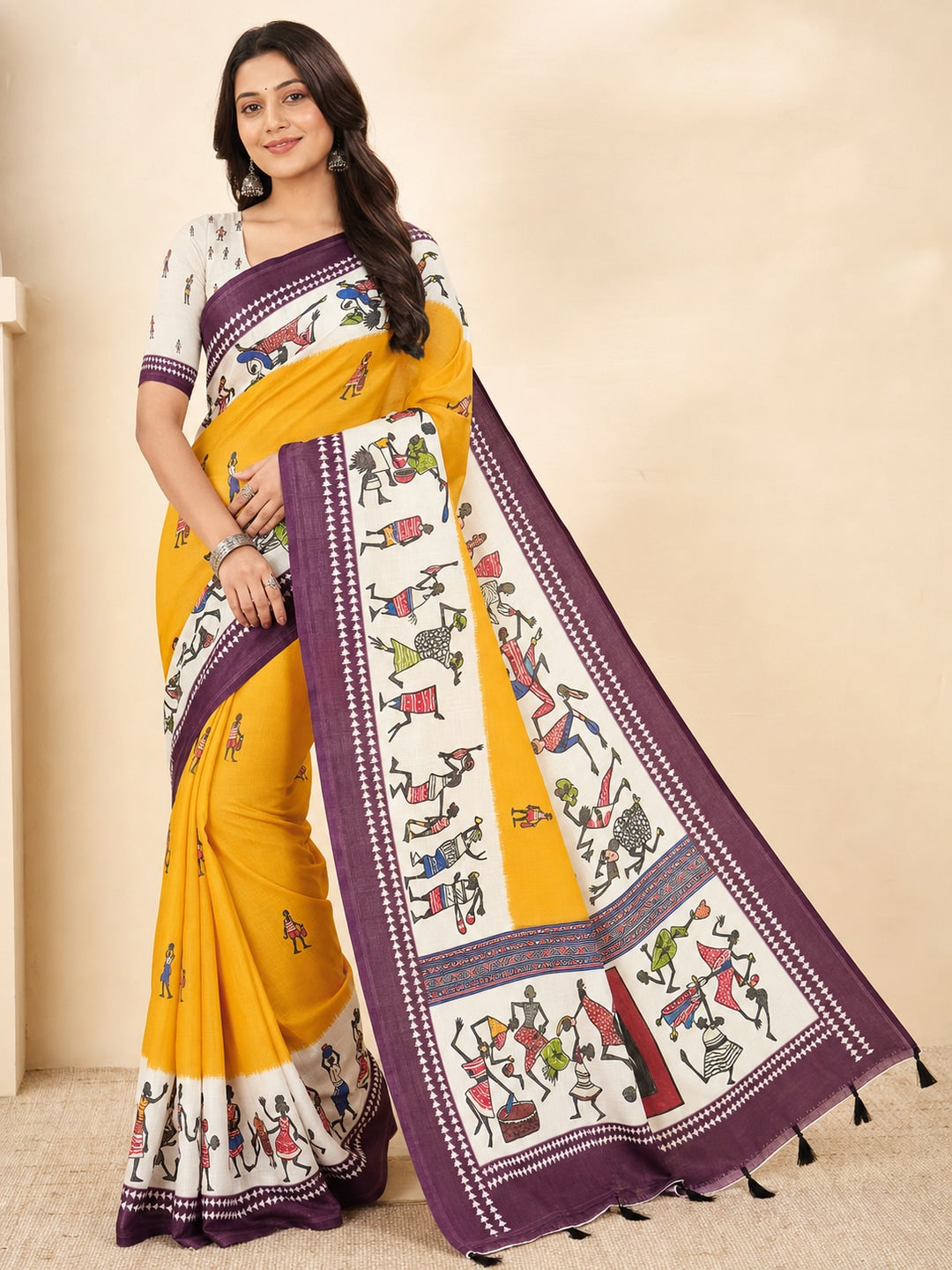 Yellow Soft Linen Cotton Printed Saree - Image 1