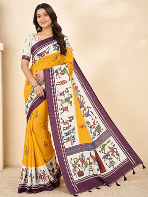 Yellow Soft Linen Cotton Printed Saree - Image 1