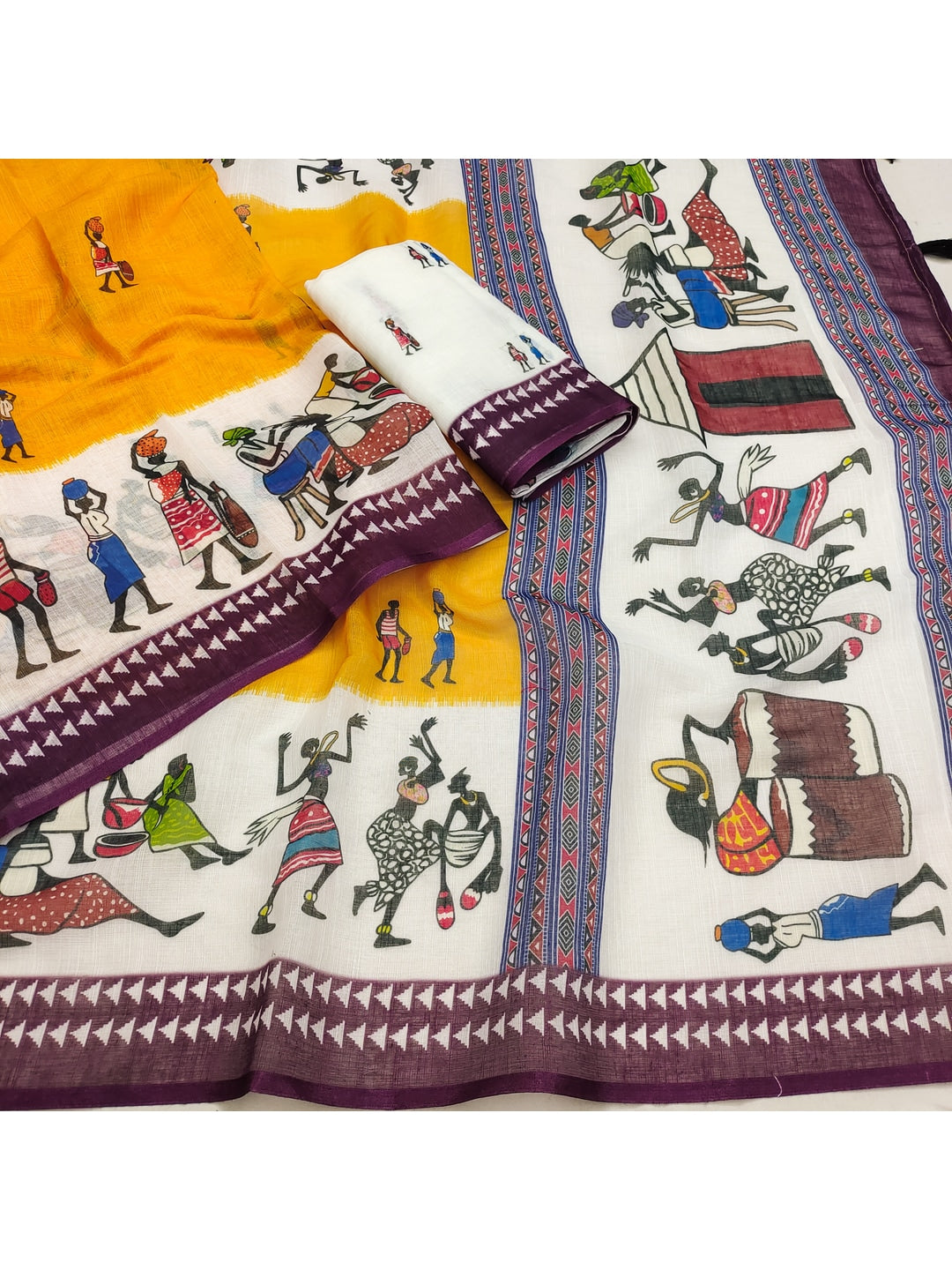 Yellow Soft Linen Cotton Printed Saree - Image 3