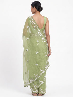 Chic Green Organza Saree Featuring Fine Floral Embroidery - Image 2