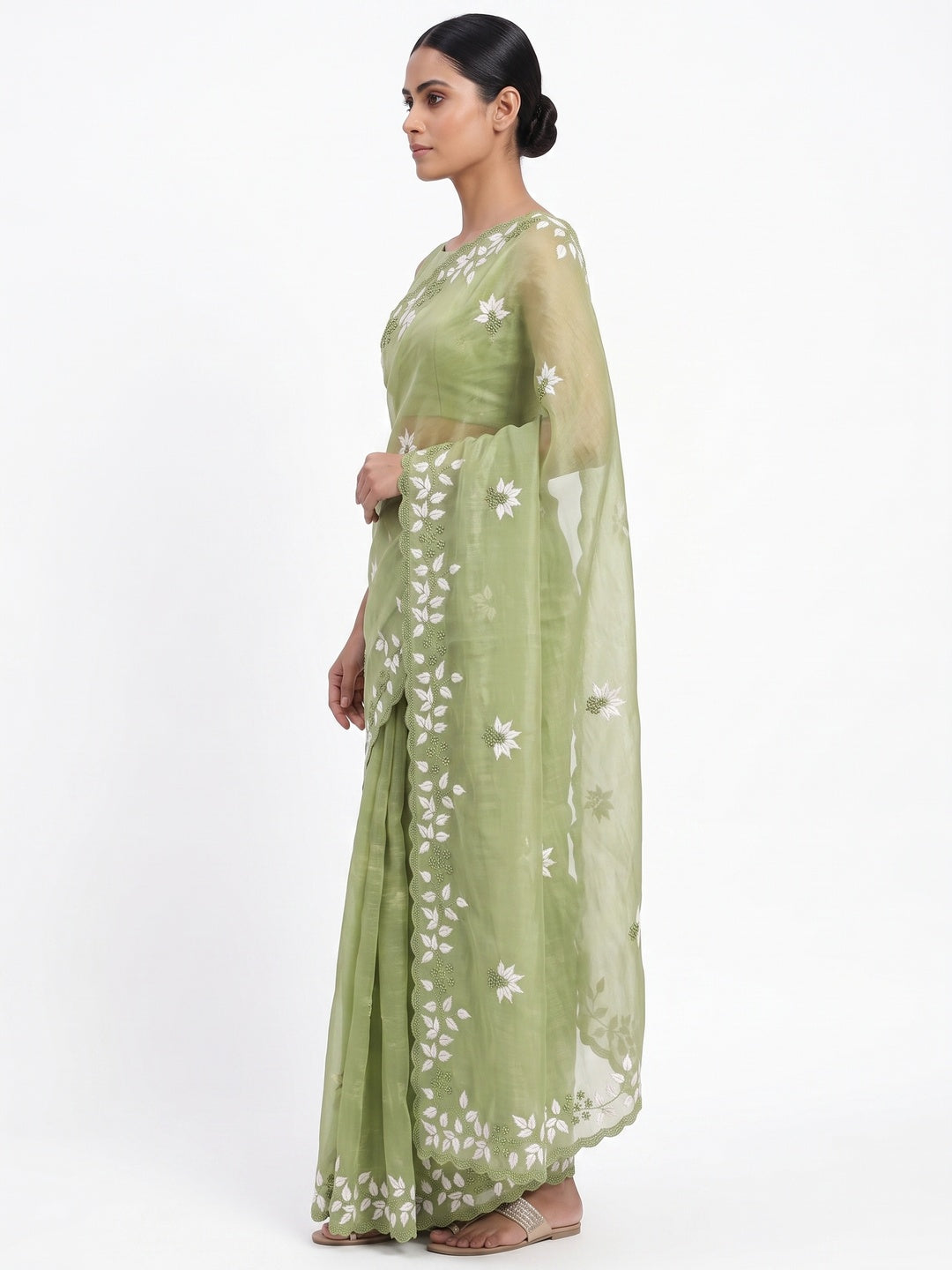 Chic Green Organza Saree Featuring Fine Floral Embroidery - Image 3