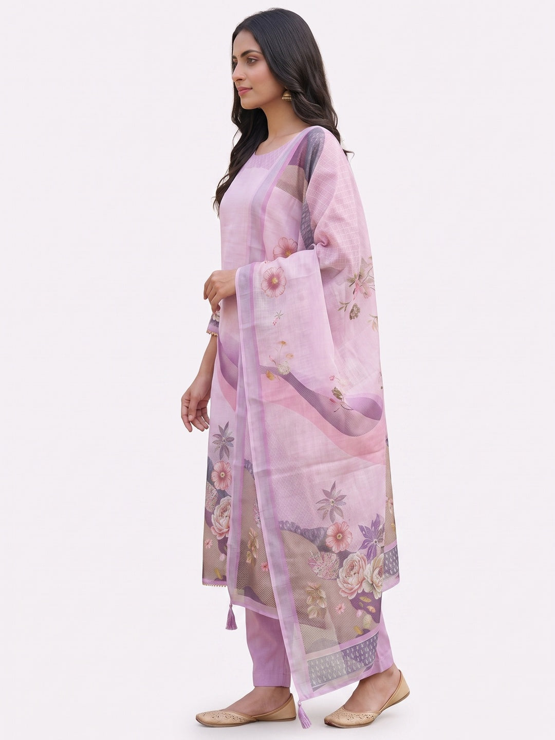 Elegant Floral Printed Lavender Linen Dress Material Set - Image 7