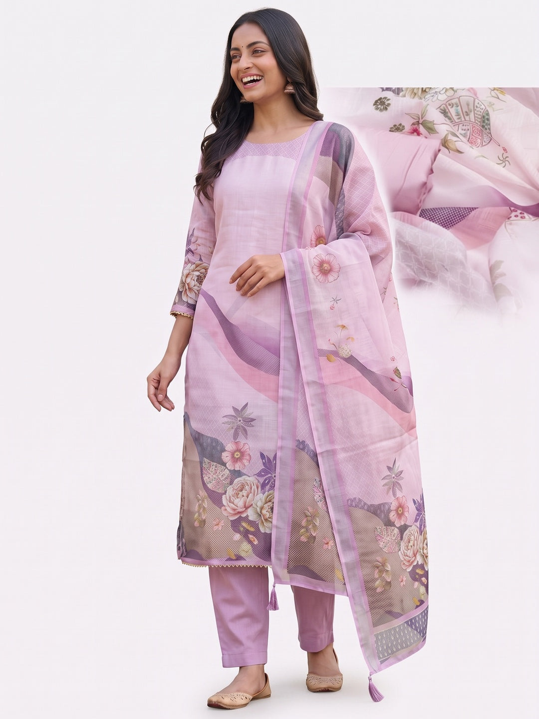 Elegant Floral Printed Lavender Linen Dress Material Set - Image 8