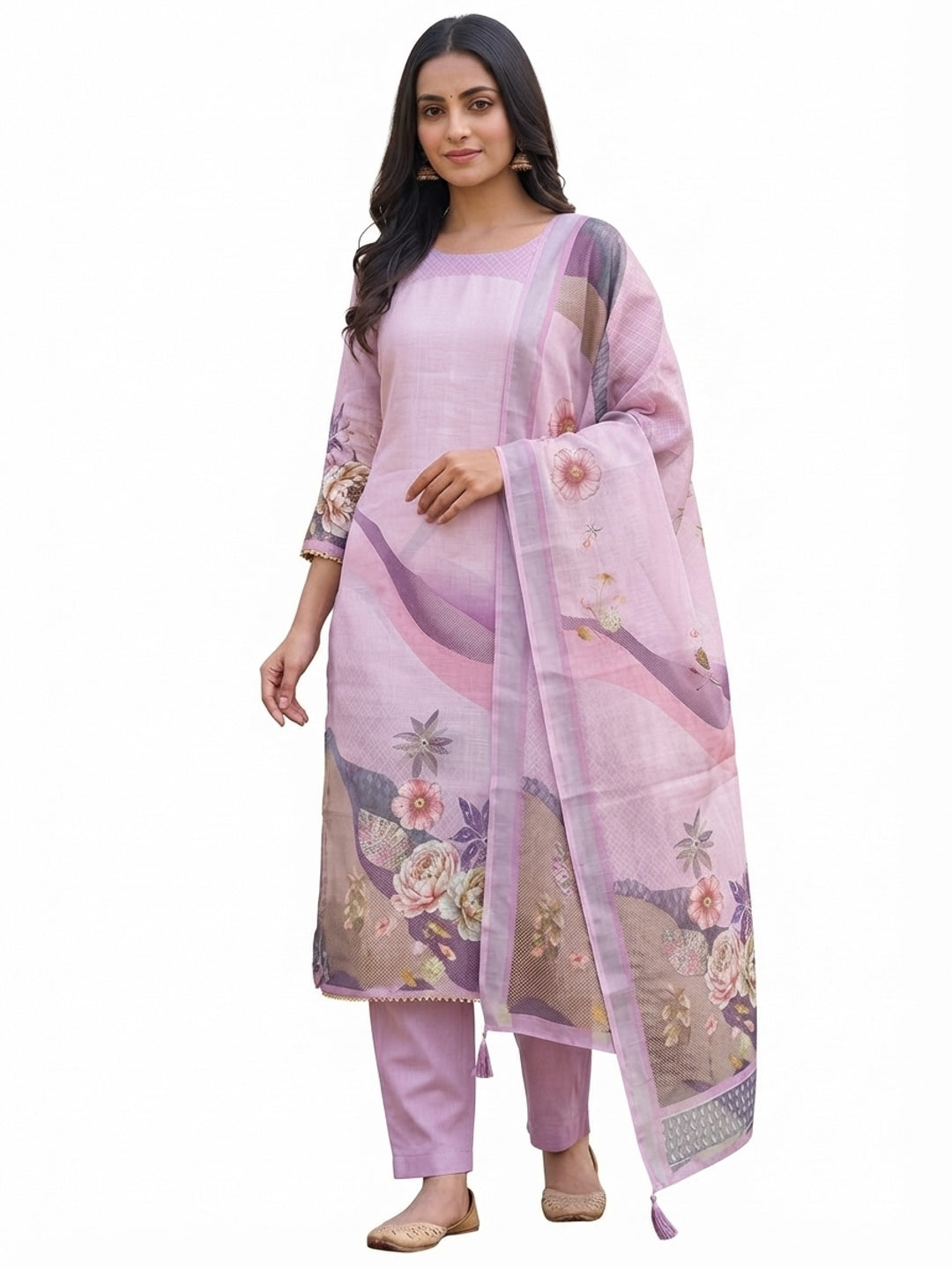 Elegant Floral Printed Lavender Linen Dress Material Set - Image 9