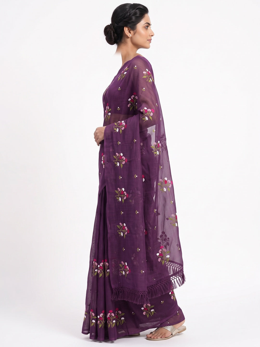 Purple Floral Embroidered Kota Doria Saree With Tassels - Image 2