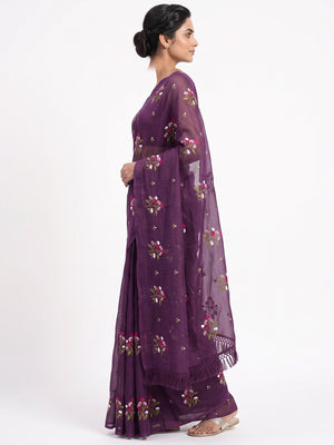 Purple Floral Embroidered Kota Doria Saree With Tassels - Image 2