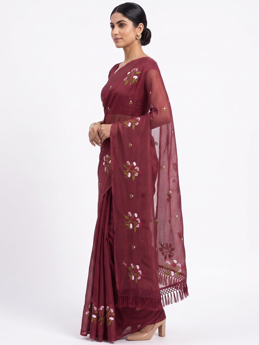 Maroon Floral Embroidered Kota Doria Saree With Tassels - Image 3