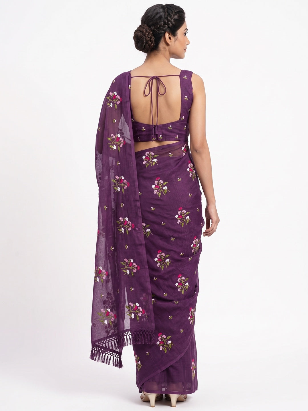 Purple Floral Embroidered Kota Doria Saree With Tassels - Image 4