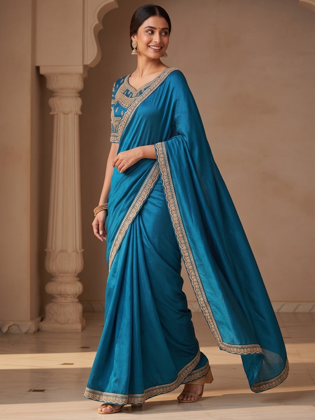 Teal Satin Saree with Embroidered Blouse Elegant Indian Attire - Image 4