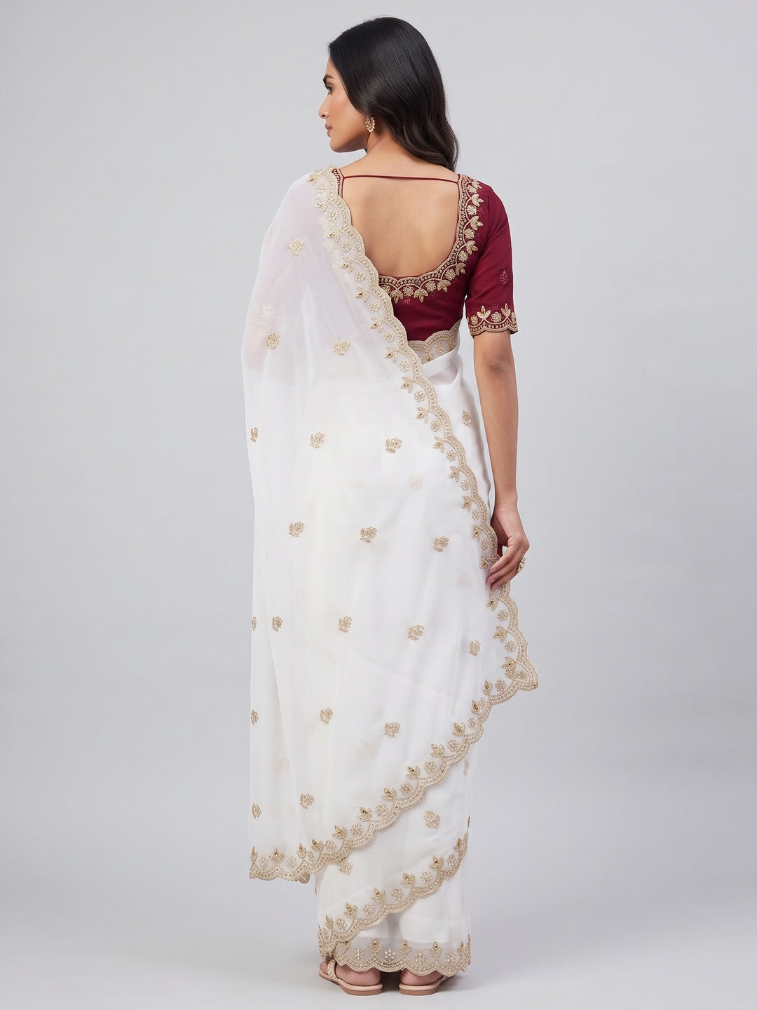 Graceful White Georgette Saree Adorned With Floral Embroidery & Moti Beads Detailing - Image 2