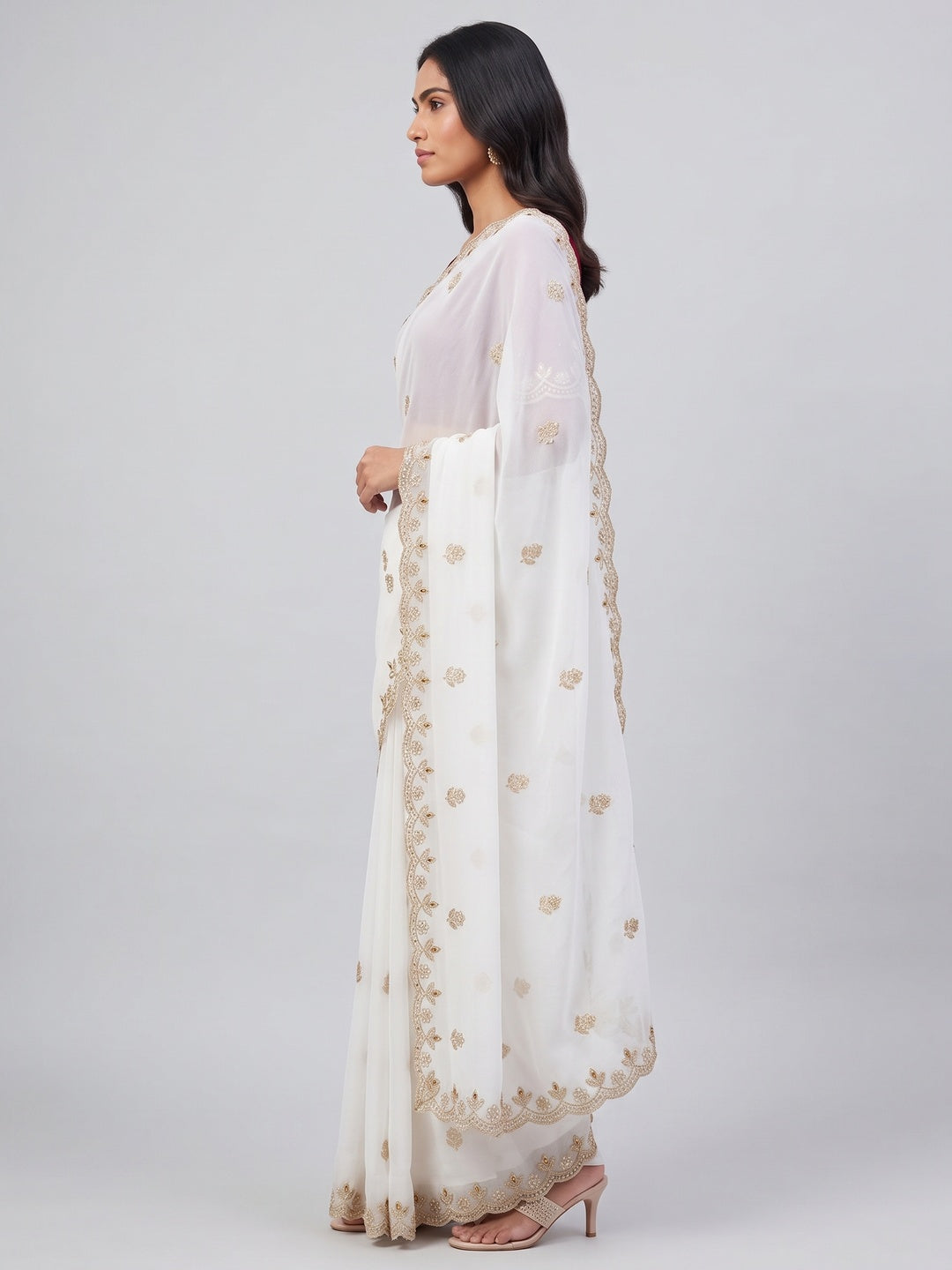 Graceful White Georgette Saree Adorned With Floral Embroidery & Moti Beads Detailing - Image 3