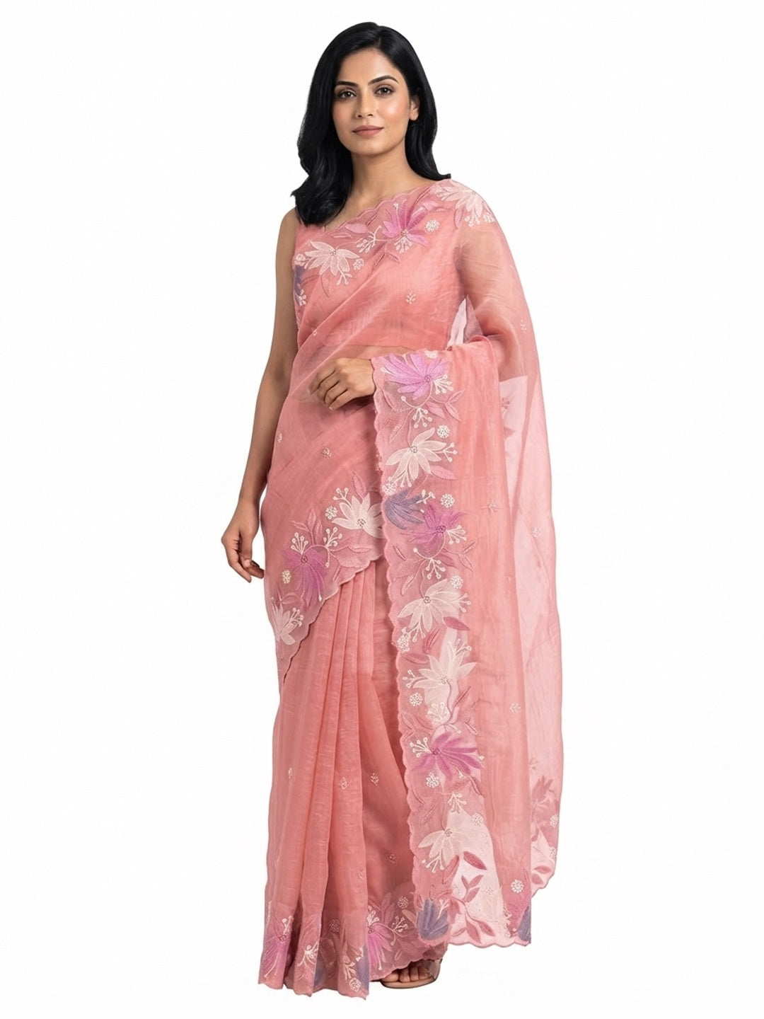 Peach Organza Party Saree with Intricate Floral Embroidery - Image 5