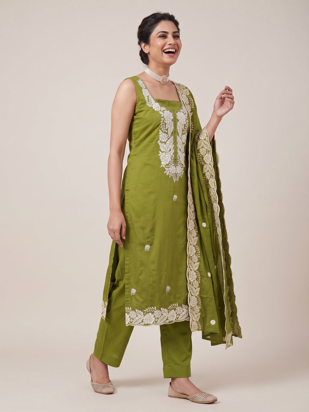 Mehendi Green Rich Viscose Dress Material Highlighted with Refined Floral Thread Embroidery - Image 4