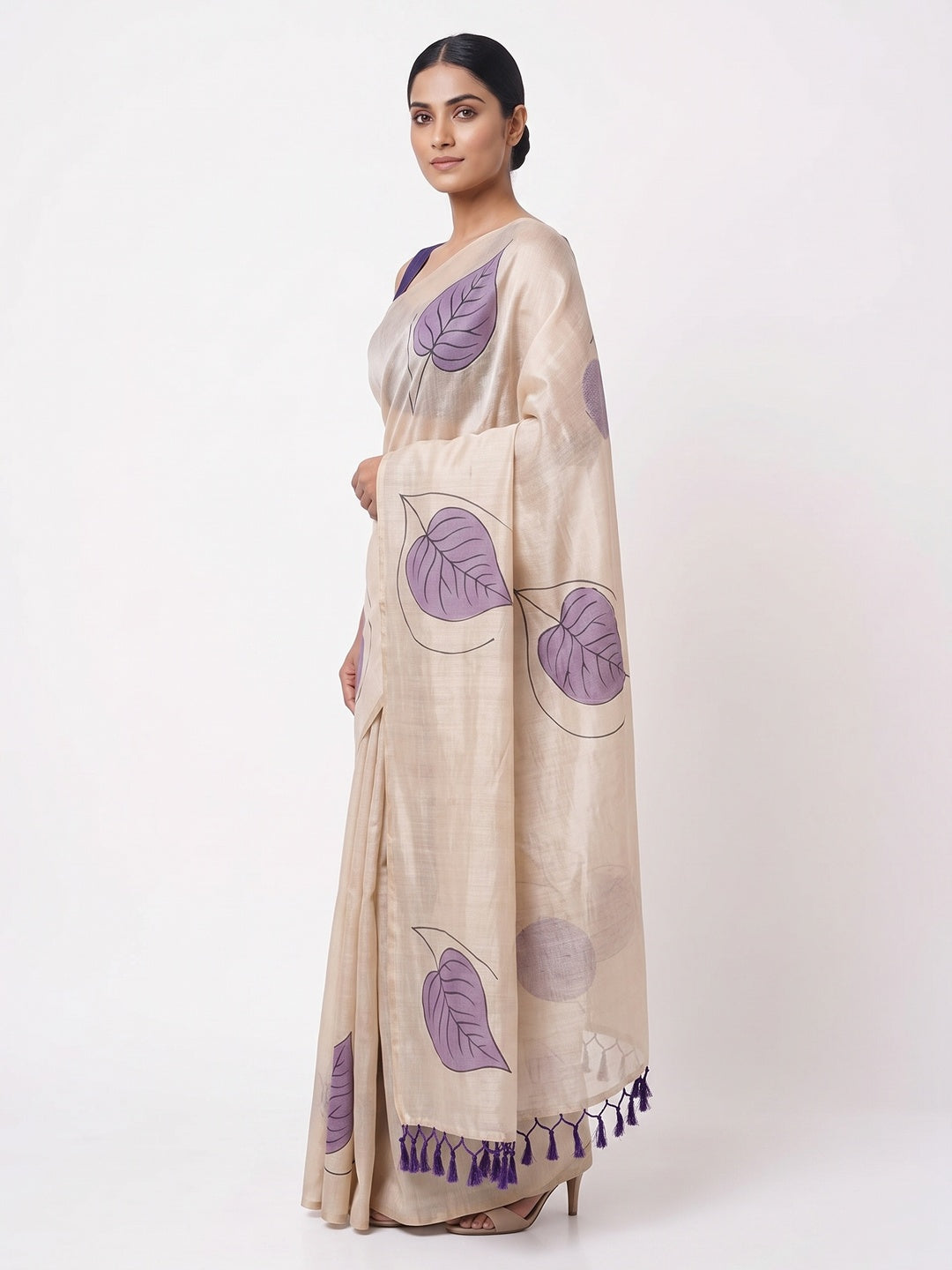 Beige & Violet Saree in Art Silk Featuring Leafy Print & Tassels - Image 3
