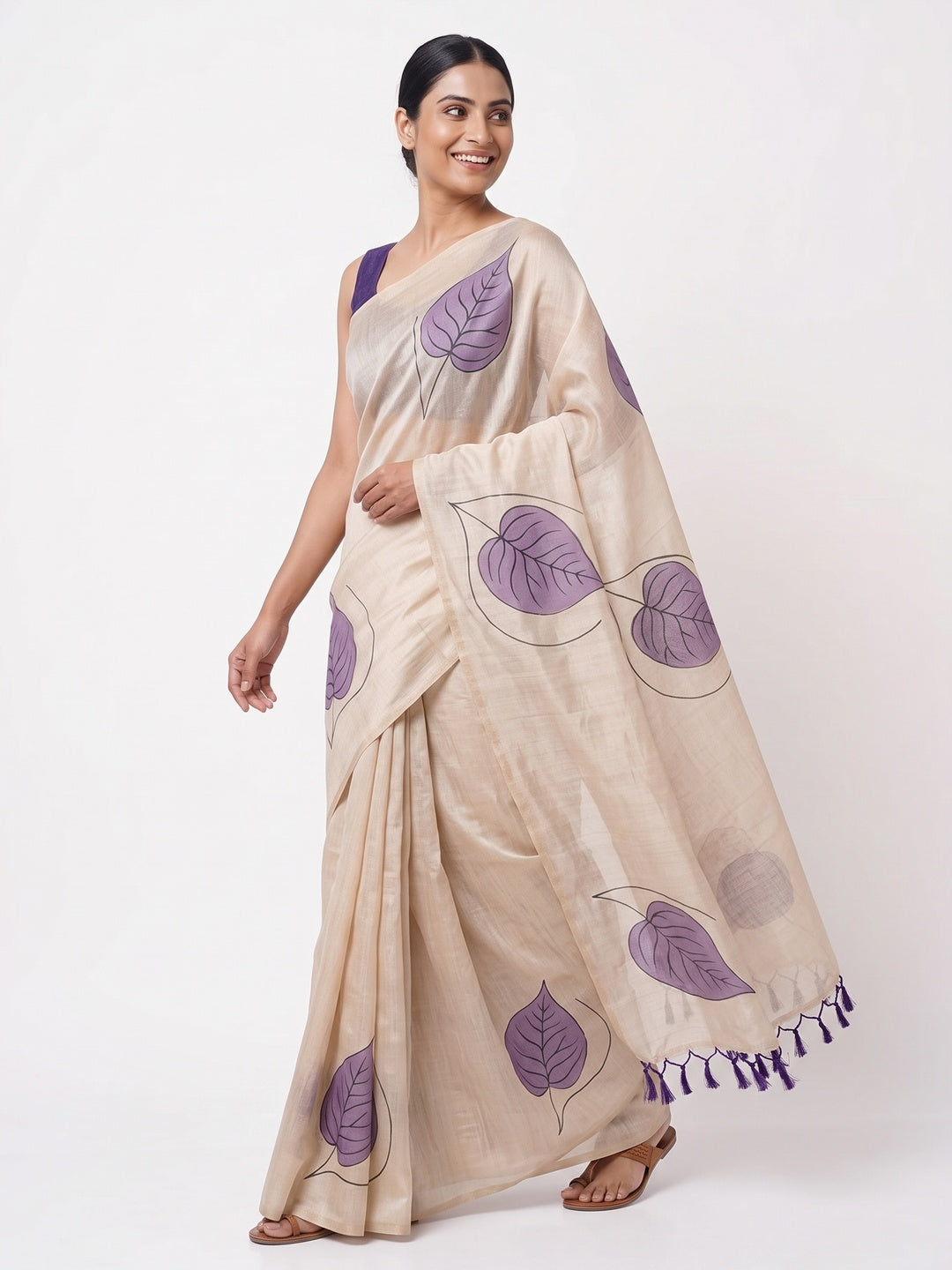 Beige & Violet Saree in Art Silk Featuring Leafy Print & Tassels - Image 4