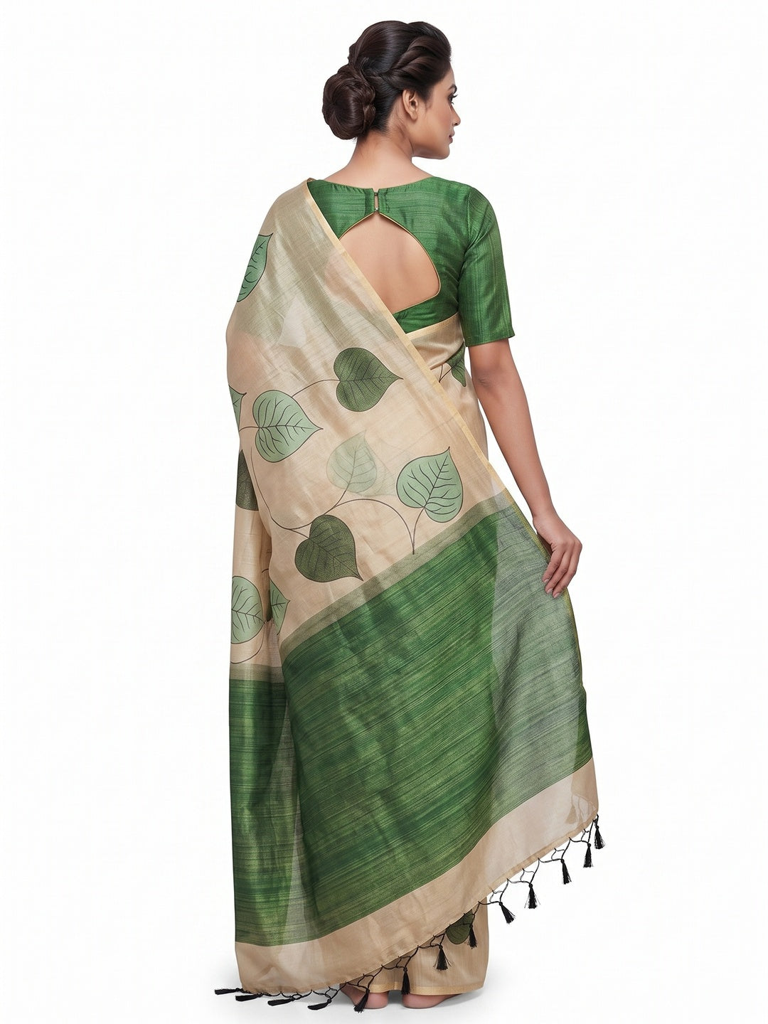 Beige & Green Saree in Art Silk Featuring Leafy Print & Tassels - Image 2