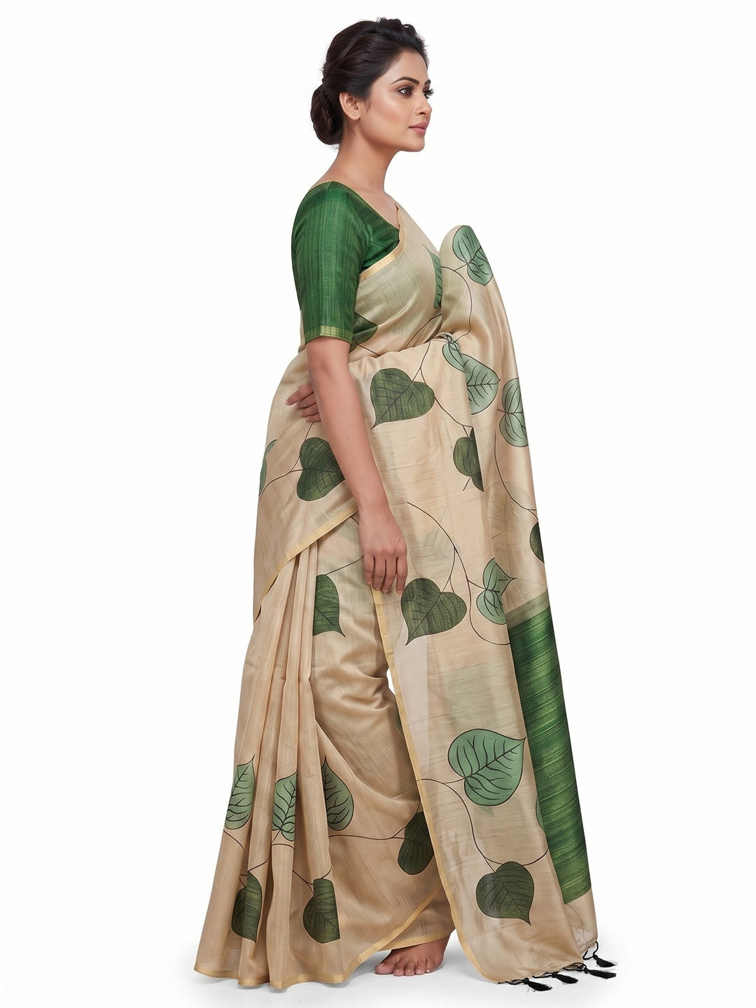 Beige & Green Saree in Art Silk Featuring Leafy Print & Tassels - Image 3