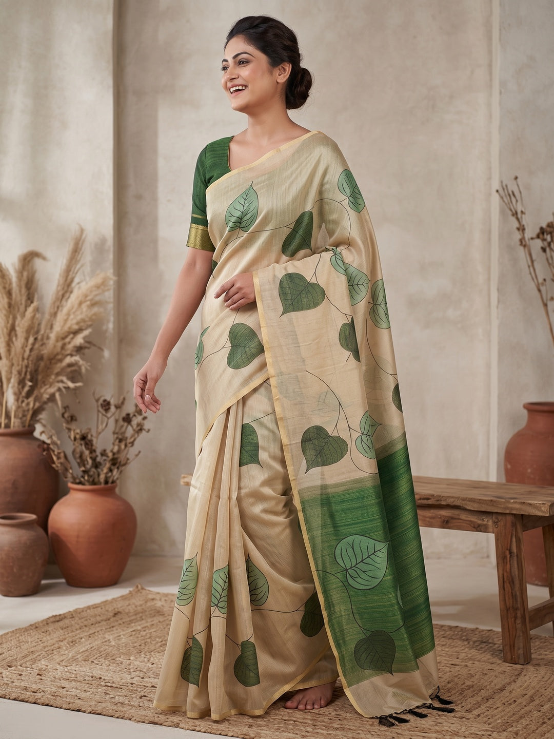 Beige & Green Saree in Art Silk Featuring Leafy Print & Tassels - Image 4