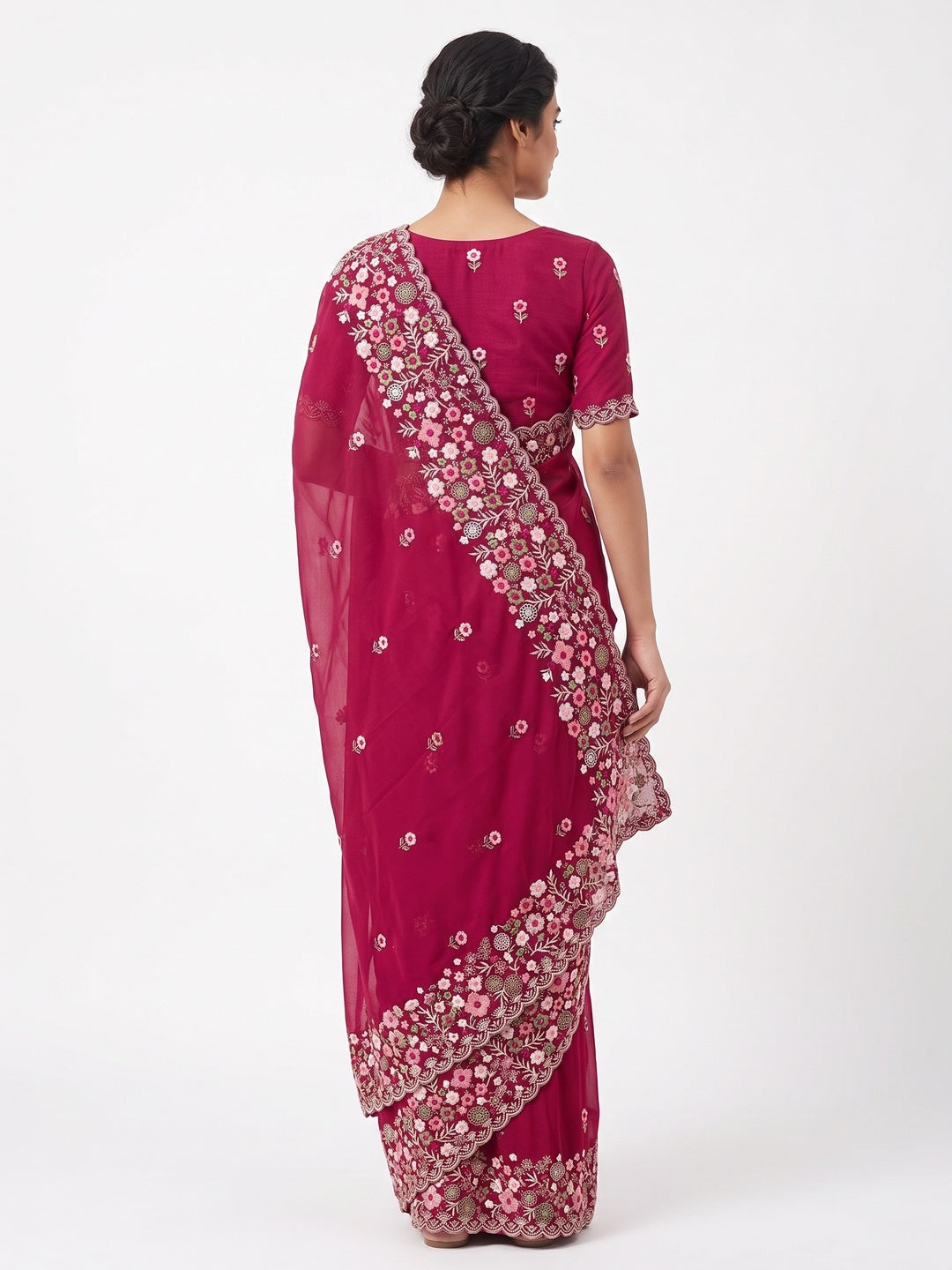 Graceful Pink Georgette Saree Featuring Exquisite Floral Thread Embroidery Work - Image 2