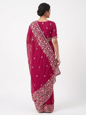 Graceful Pink Georgette Saree Featuring Exquisite Floral Thread Embroidery Work - Image 2