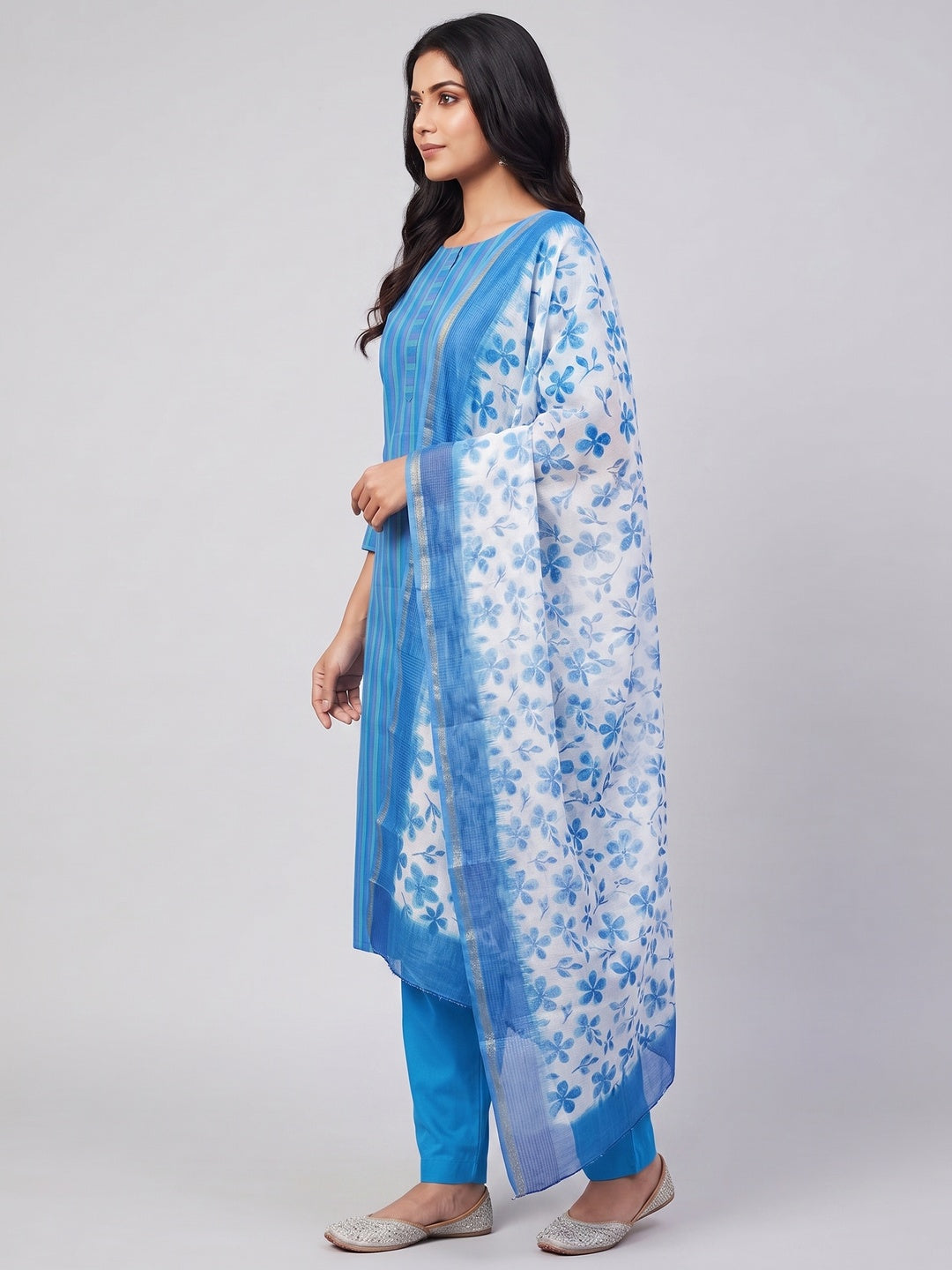 Peachmode Blue Cotton Dress Material with Striped - Image 3