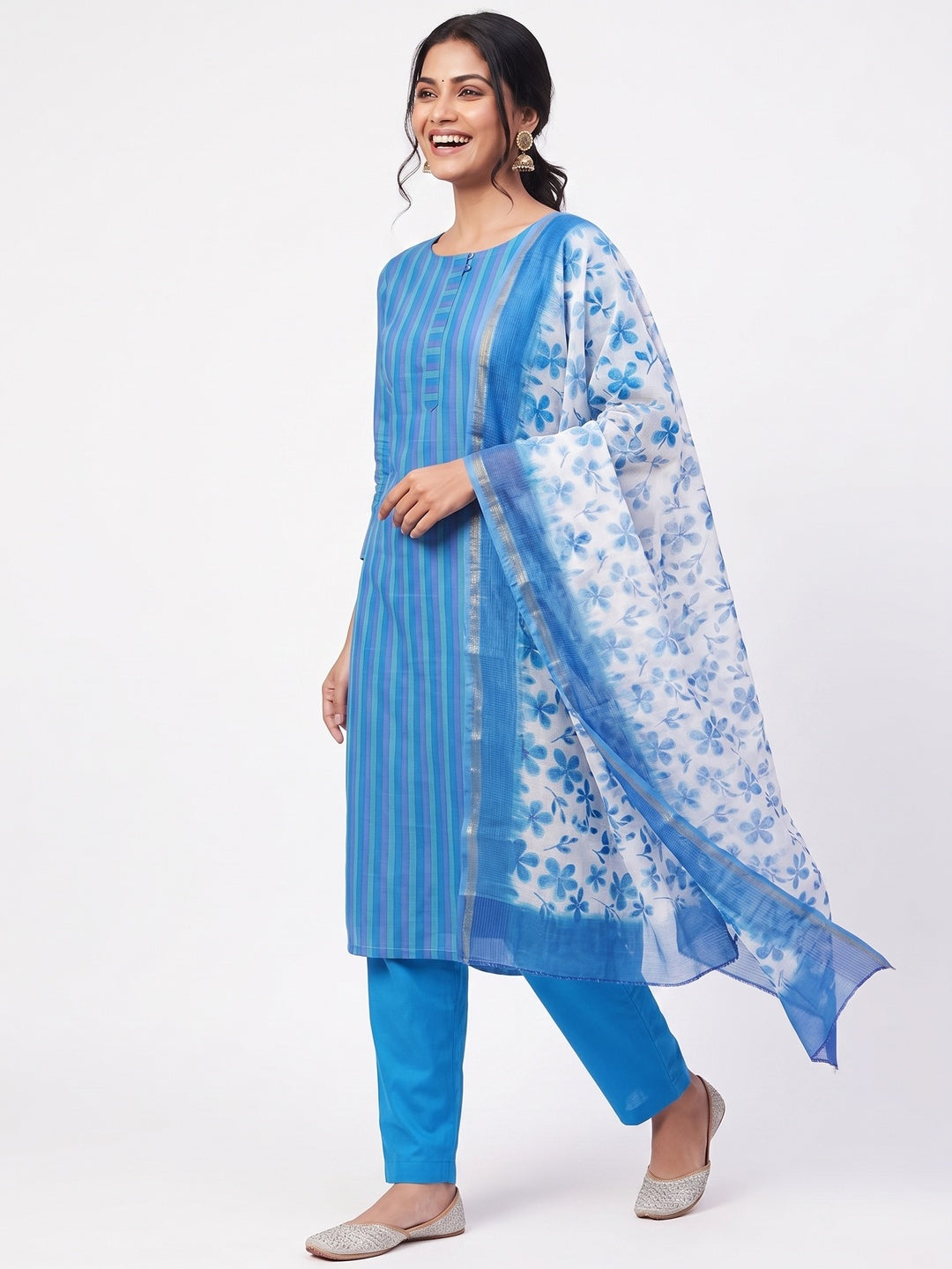 Peachmode Blue Cotton Dress Material with Striped - Image 4