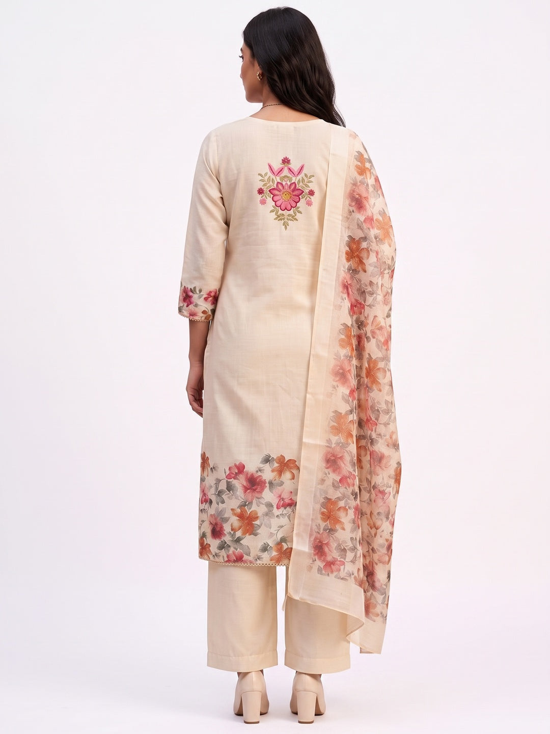 Peachmode Cream Linen Dress Material with Floral Embroidery - Image 3